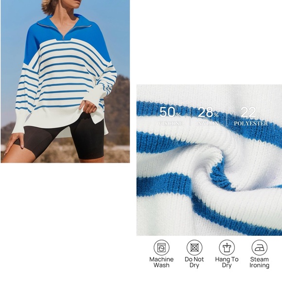 Striped Sweaters Half Zipper Long Sleeve Ribbed Knit Loose Oversized Pullover M - Picture 4 of 17
